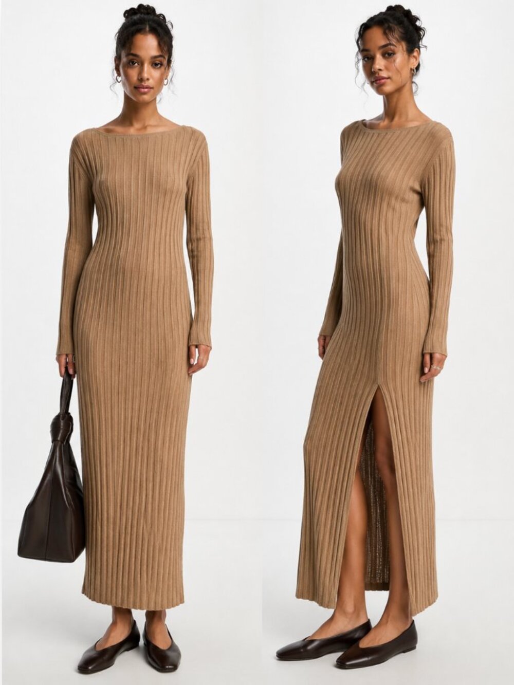 ASOS Neutral Thick Ribbed Slinky Long Sleeve Midi to Maxi Dress Tan US 6 / M